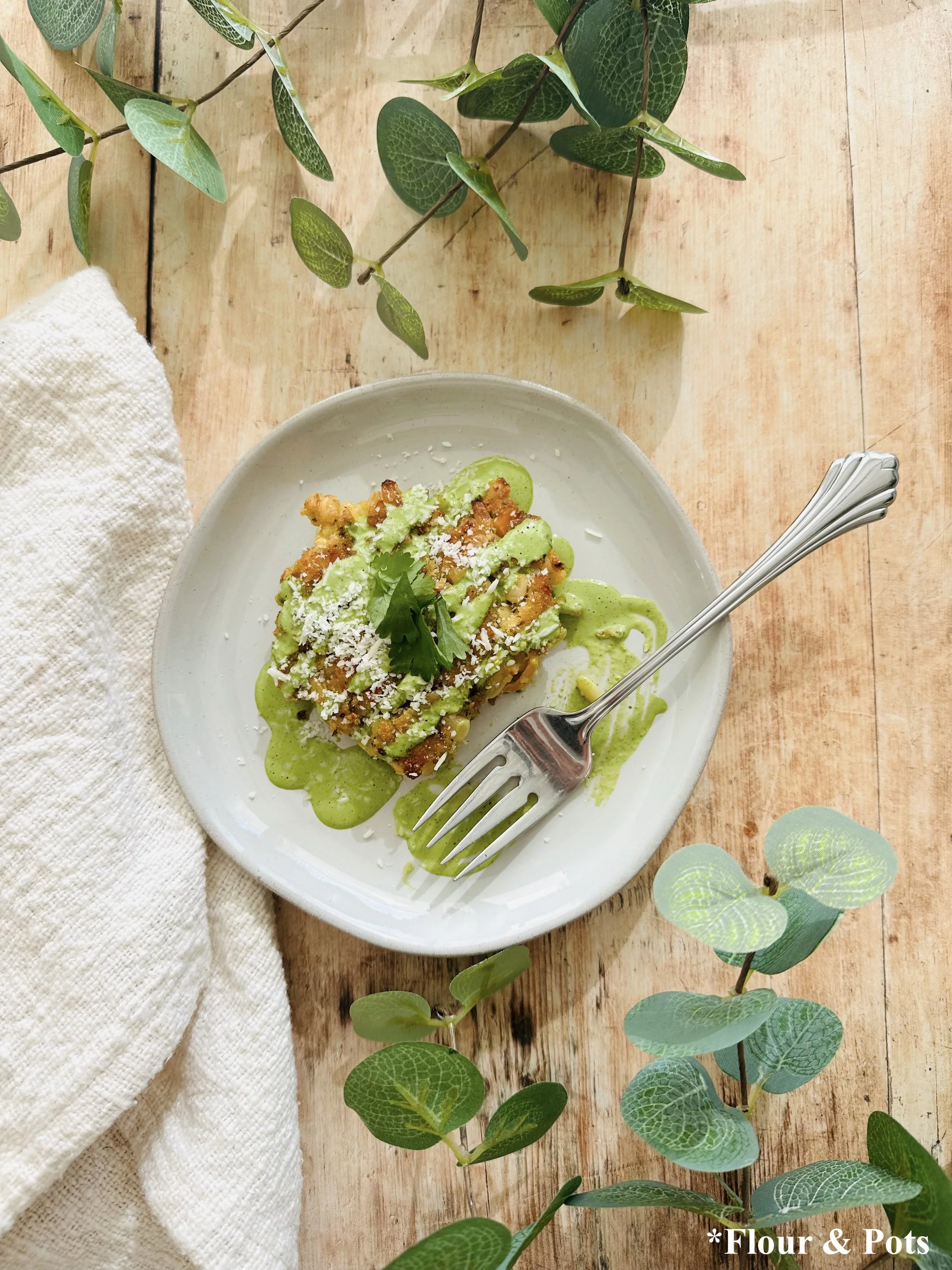Pan Fried Crispy Corn Fritters with Jalapeño Cilantro Sauce