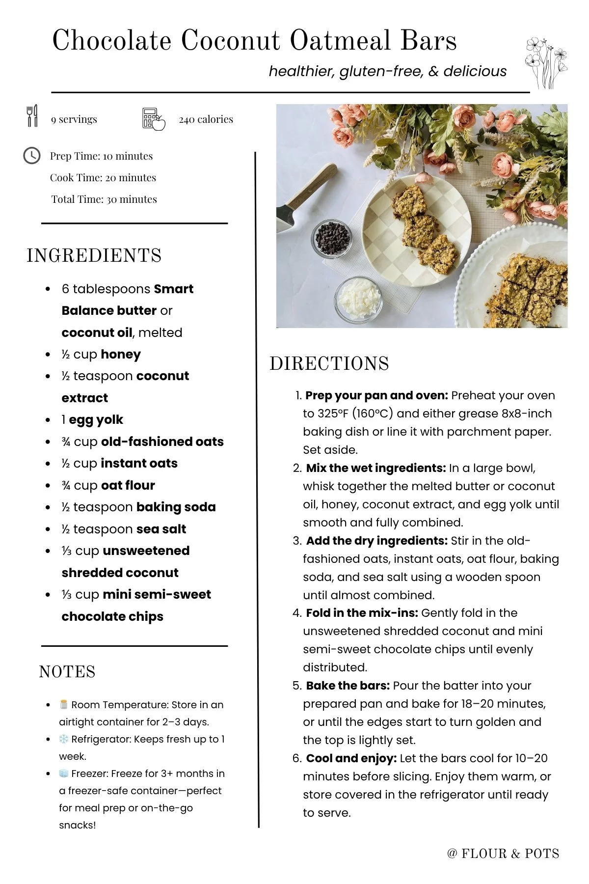 Chocolate Coconut Oatmeal Bars Printable Recipe Card