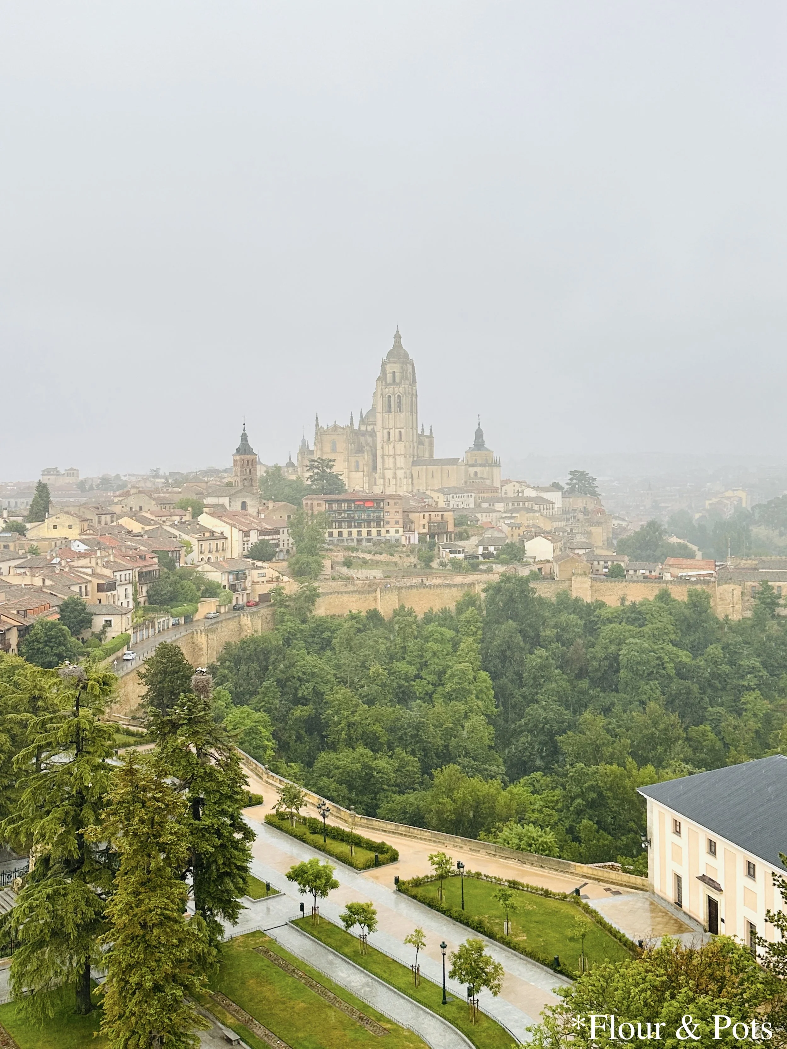 A panoramic view of the Segovia Cathedral from the castle, with the towering spires of the cathedral rising prominently against a clear sky.