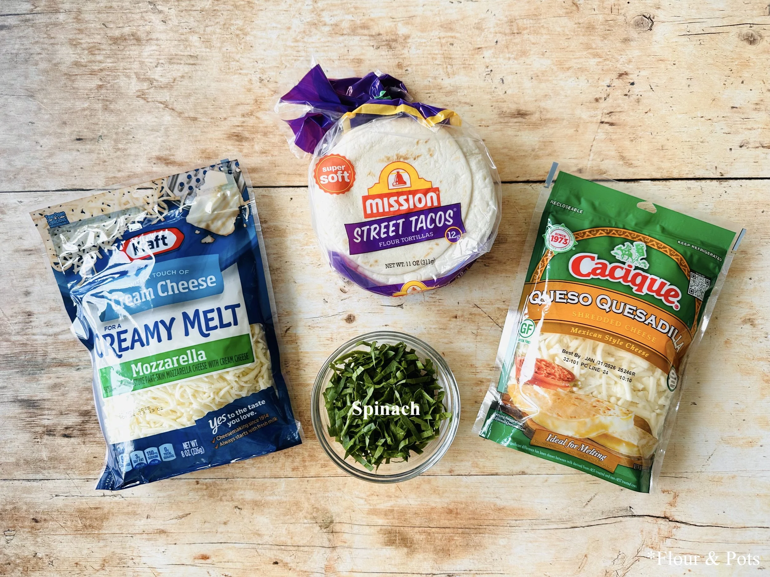 Ingredients for Spilled Spinach Cheesy Quesadillas