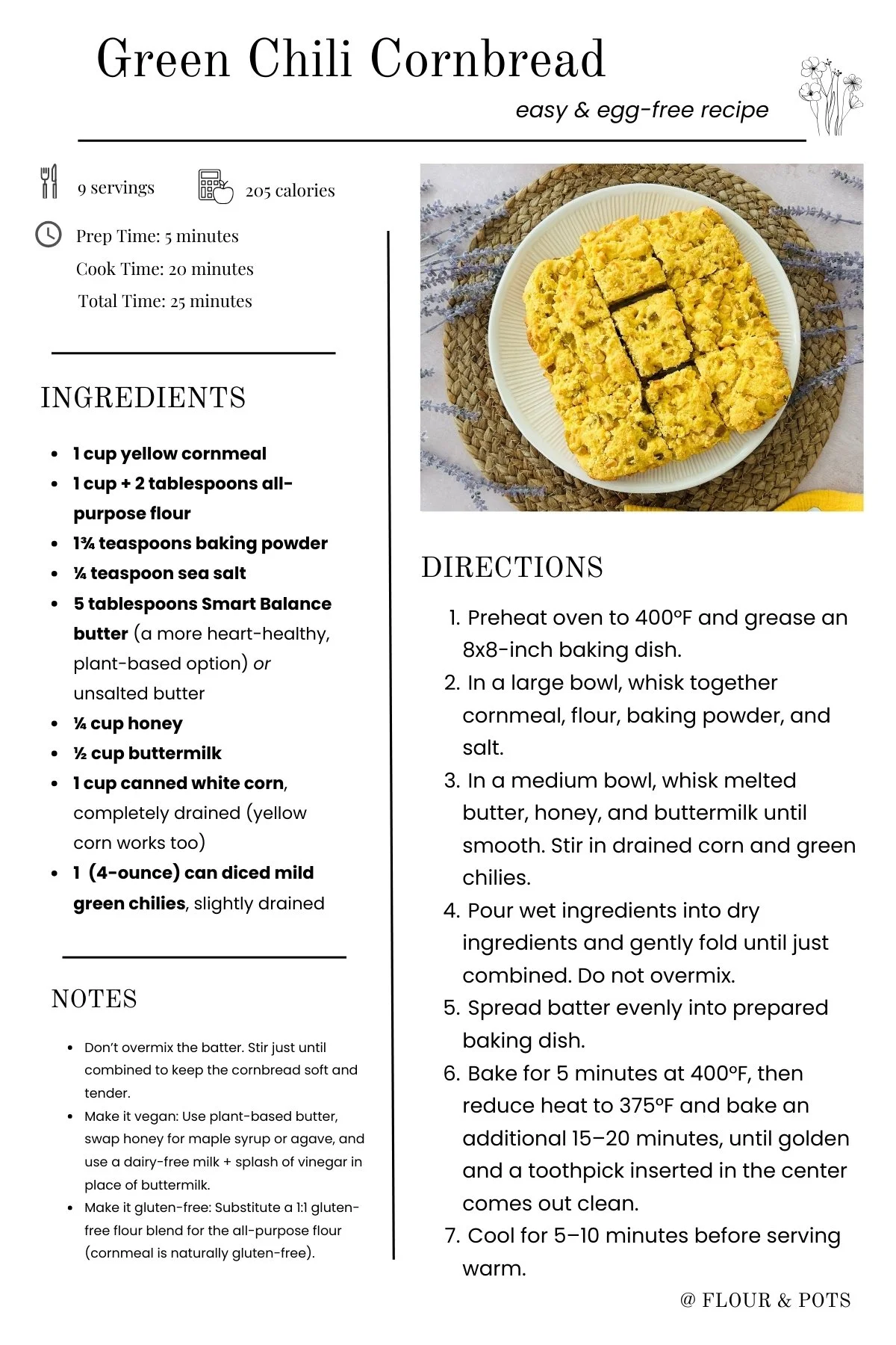 Green Chili Cornbread Printable Recipe Card
