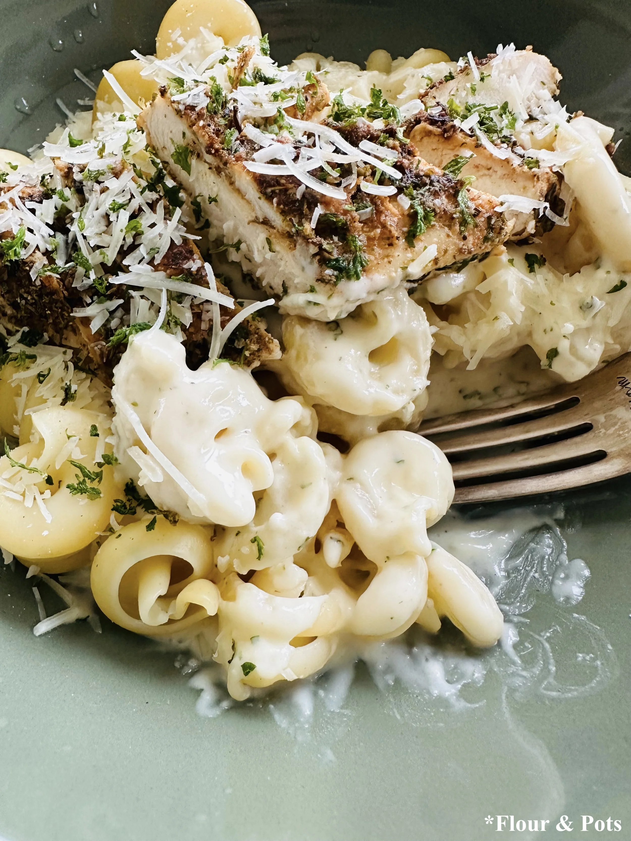 Close-up of Creamy Garlic Chicken Pasta