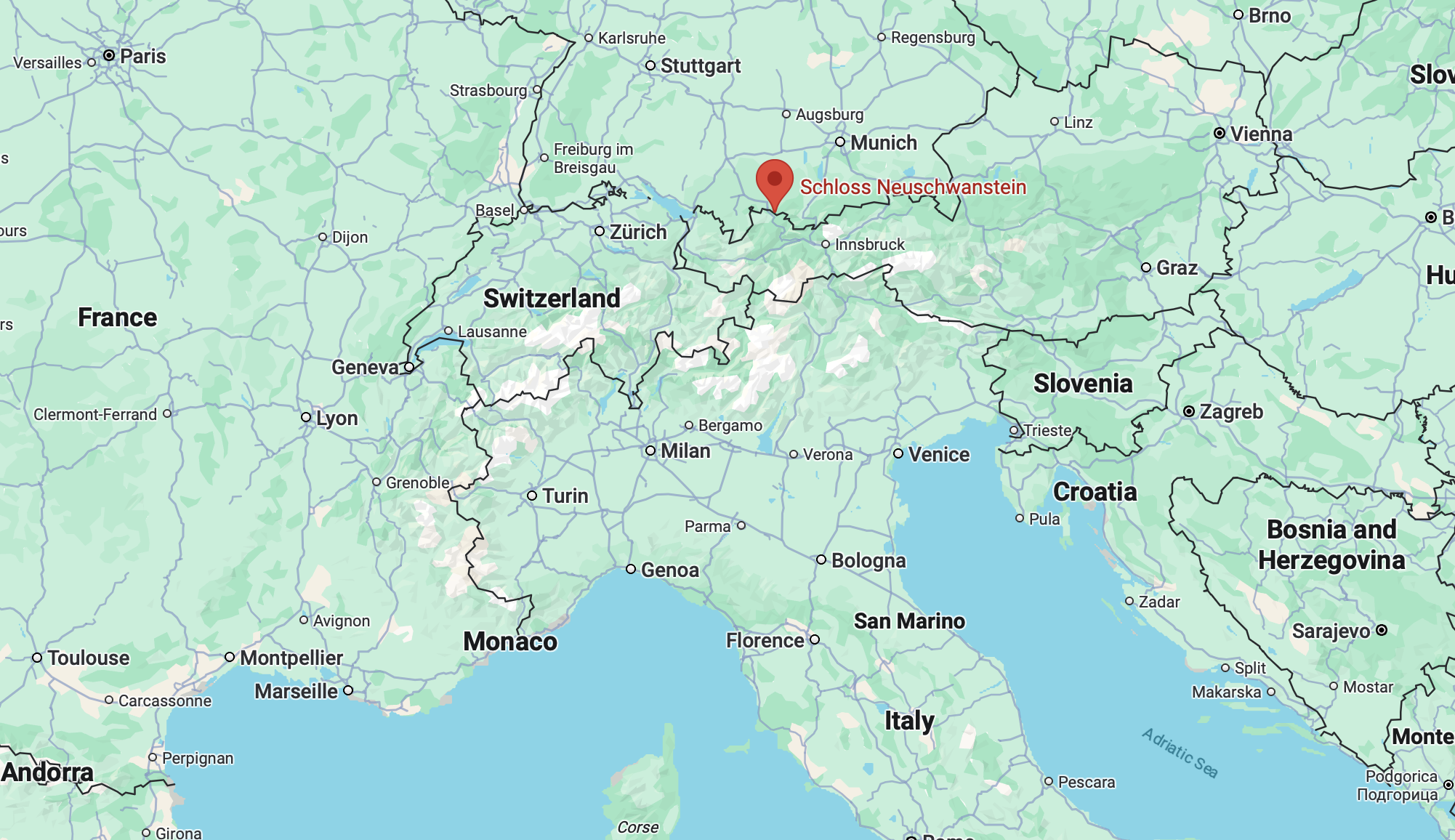 Map showing the location of Neuschwanstein Castle in Bavaria, Germany, near the Alpsee and close to Munich and Innsbruck.