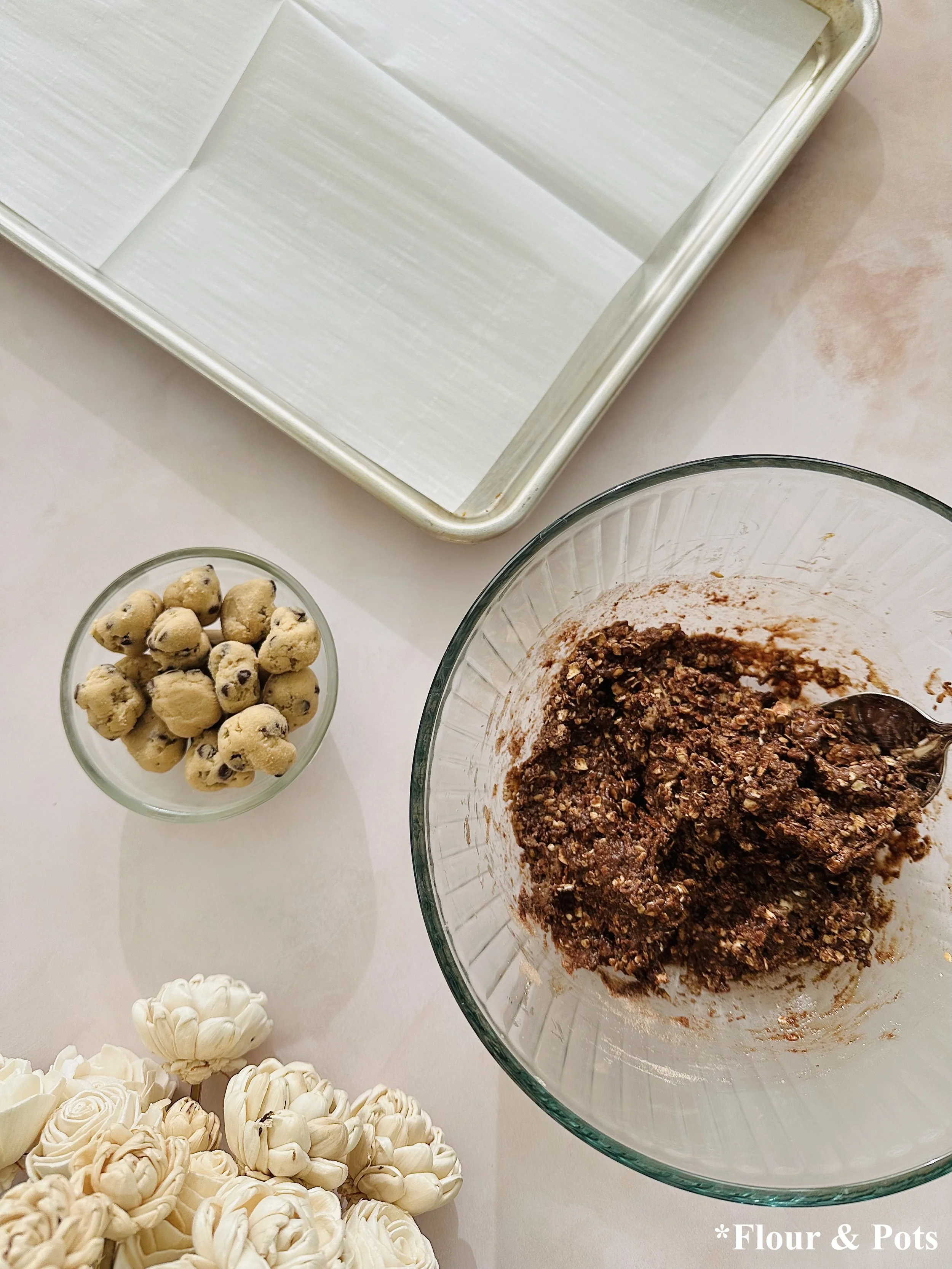 Chocolate brownie and cookie dough energy bites ready to assemble