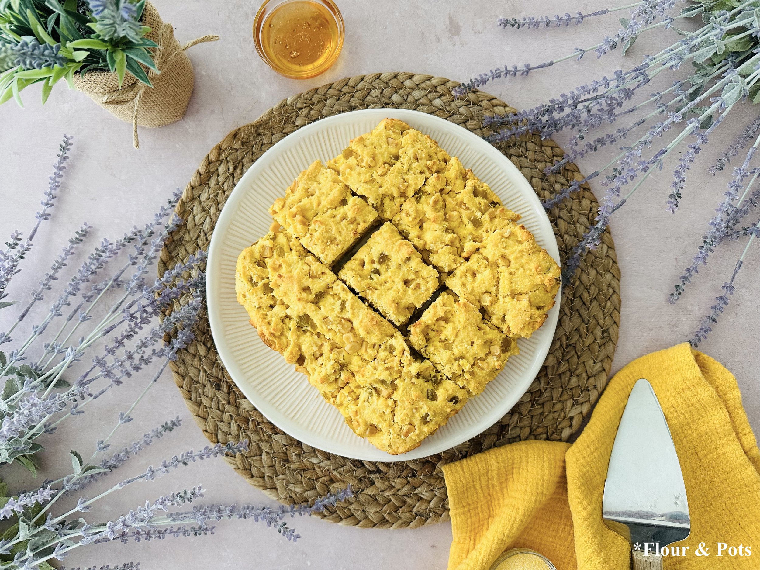 Egg-free green chili cornbread sliced and ready to serve