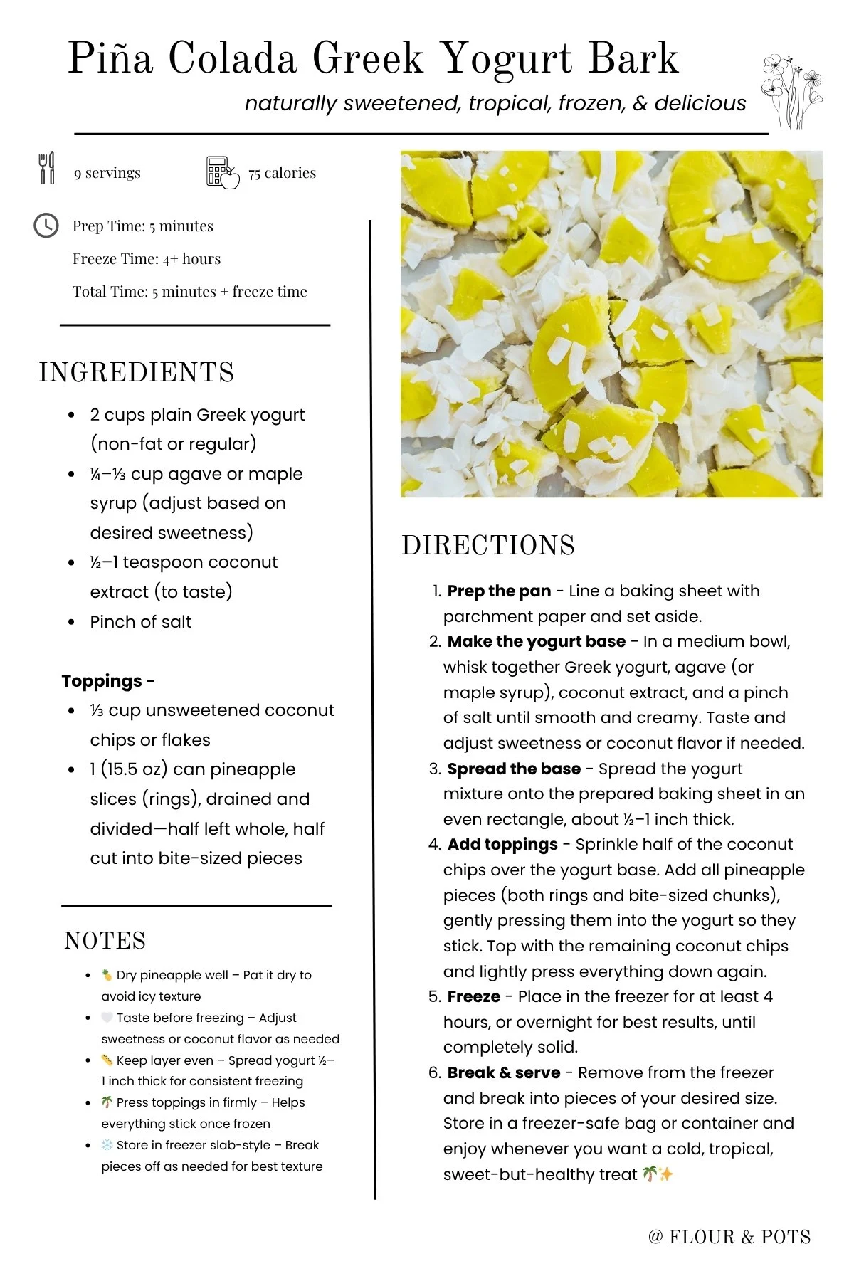Piña Colada Greek Yogurt Bark Printable Recipe Card