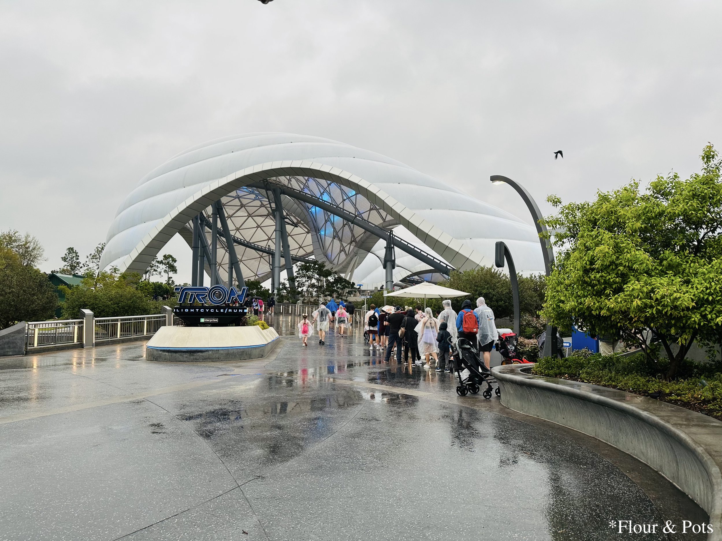 Morning rain falling over TRON Lightcycle Run at Walt Disney World’s Magic Kingdom in Orlando, Florida.