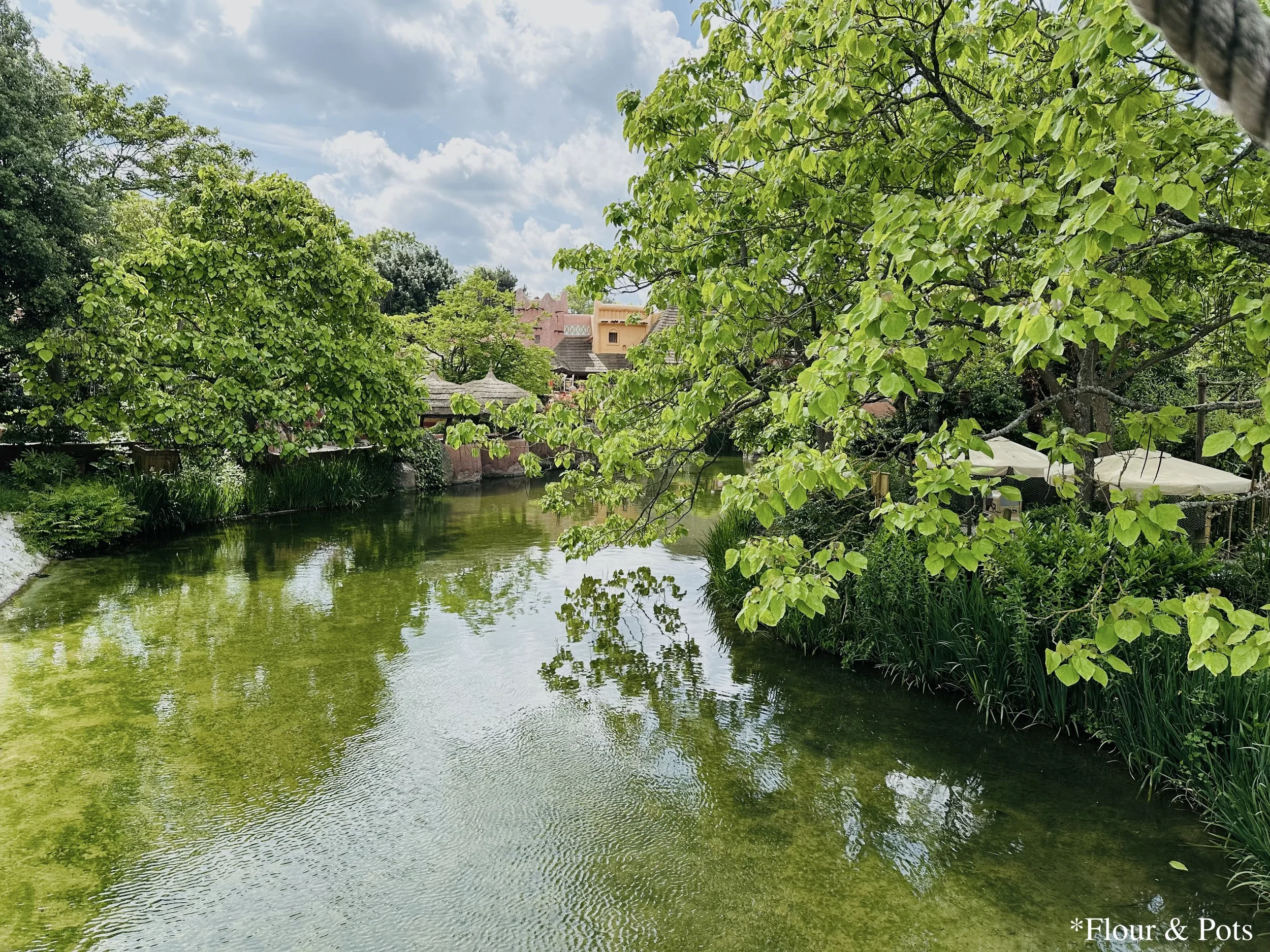 Blue-green river waterway flowing through the lush, green, and peaceful trees in the Adventure Isle area at the back of Disneyland Paris park.