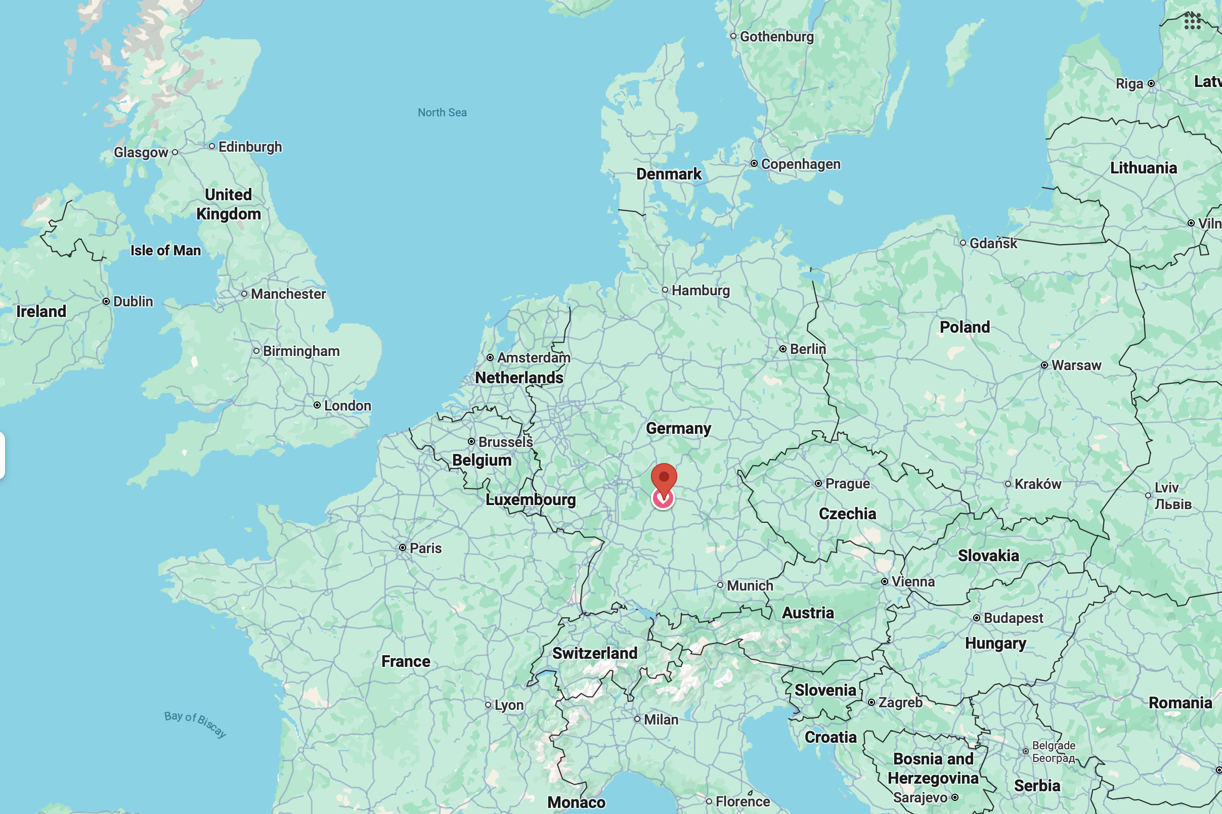 Map of Europe highlighting the location of Würzburg, Germany.