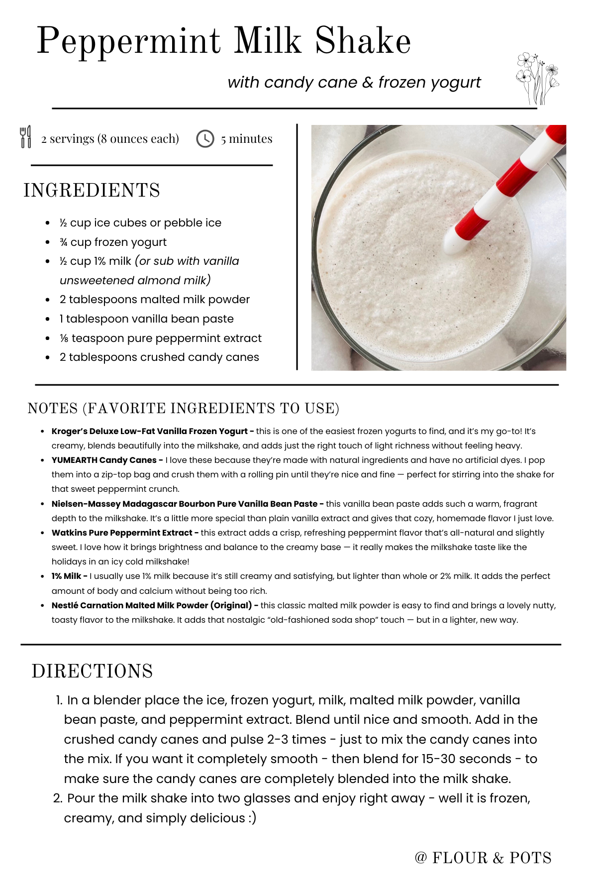 Printable recipe card for a peppermint milkshake, featuring ingredients and instructions on a light background.