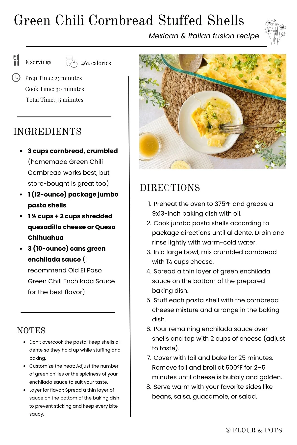 Green Chili Cornbread Stuffed Shells Printable Recipe Card