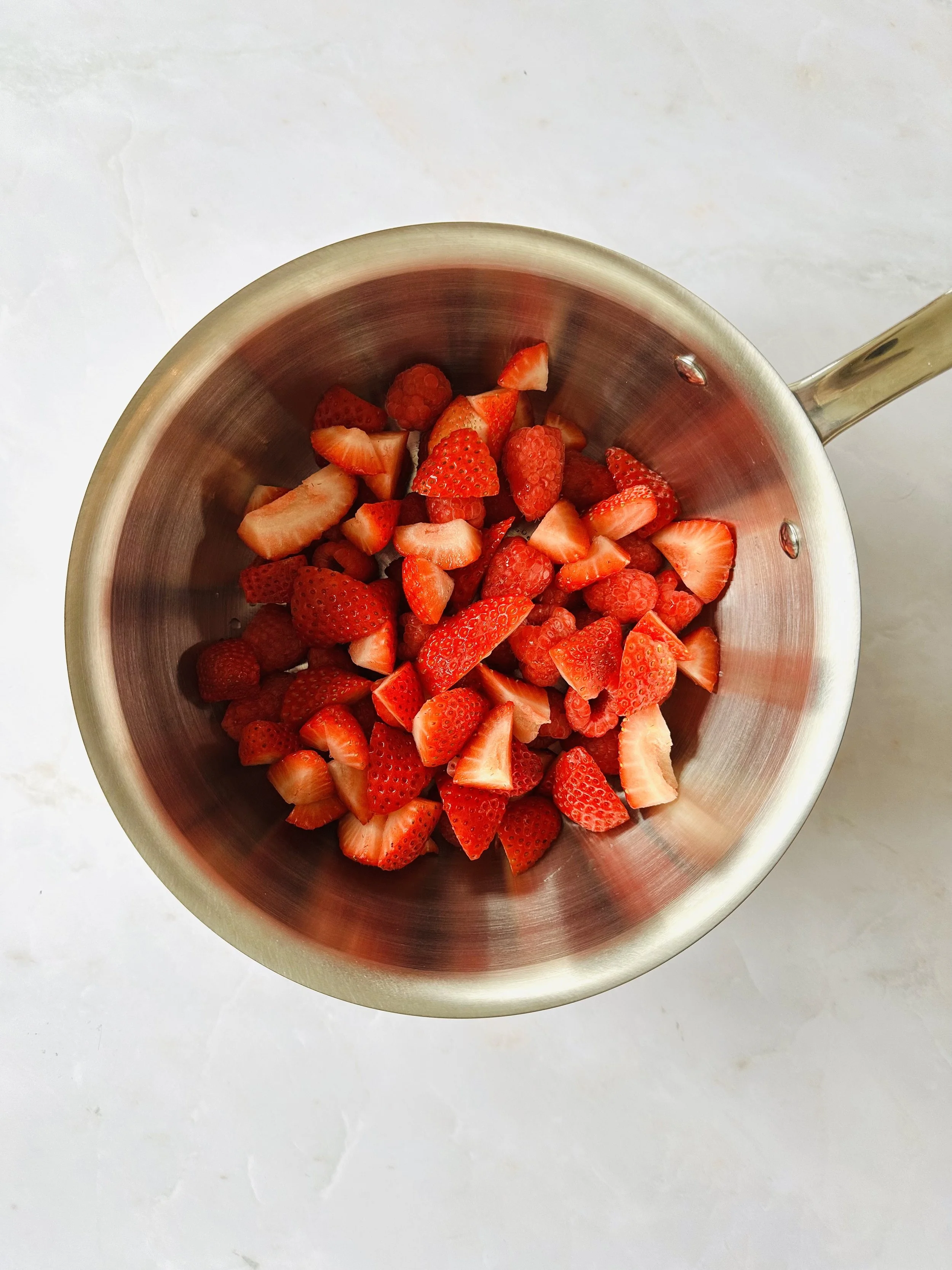Fresh Strawberry Raspberry Chai Jam - Fresh Fruit in a Sauce Pan