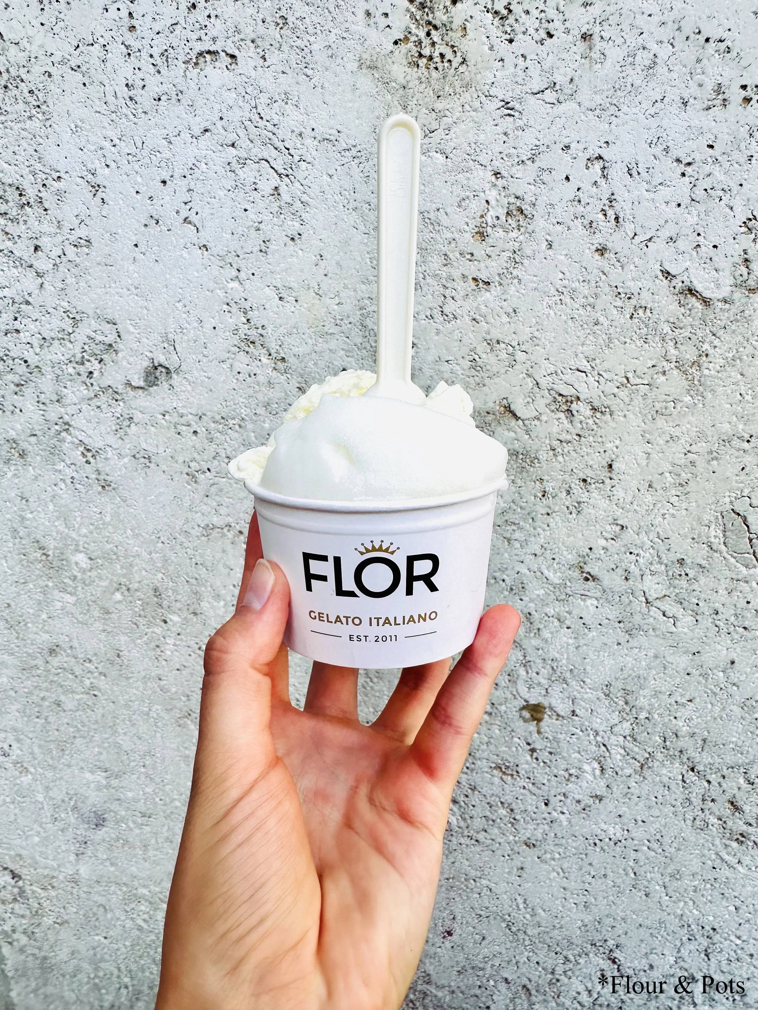 emon and vanilla gelato from Flor in Rome, Italy — creamy, refreshing scoops served in a cup on a sunny day in the city.