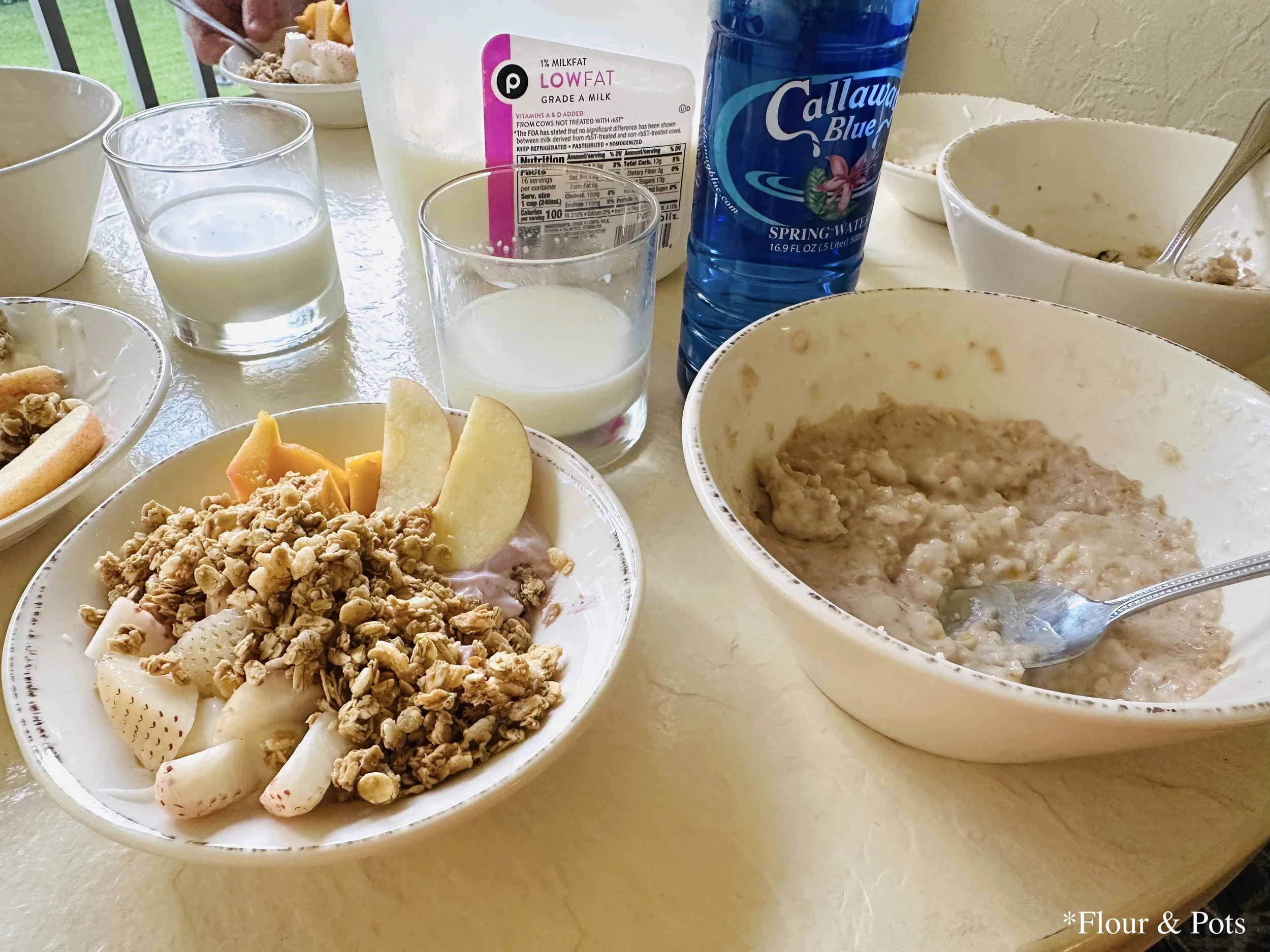 “Breakfast-for-dinner meal served on the covered screened deck at the Sheraton Vistana Resort Villas in Orlando, Florida.
