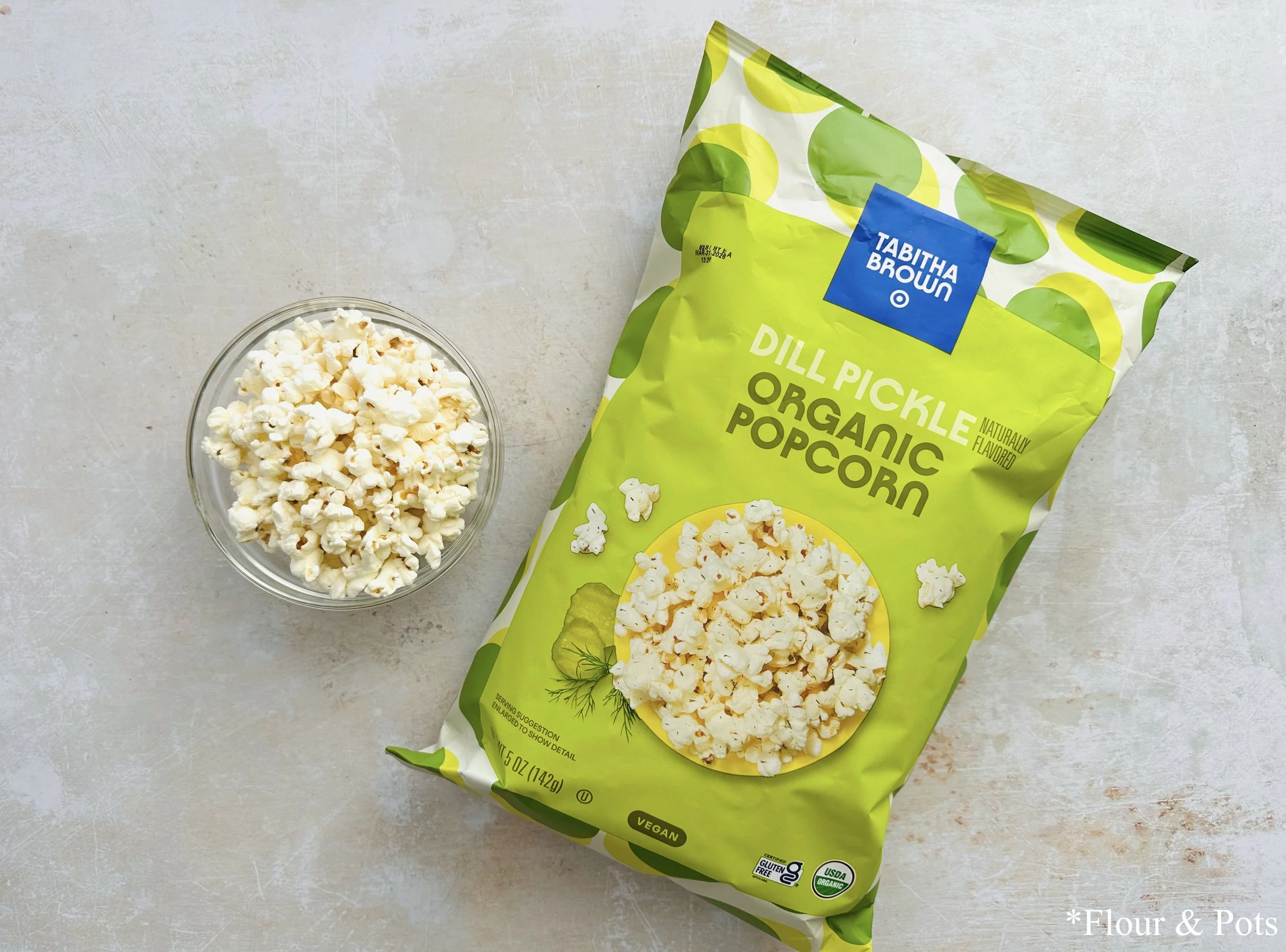 Bag of Tabitha Brown Dill Pickle Organic Popcorn from Target.