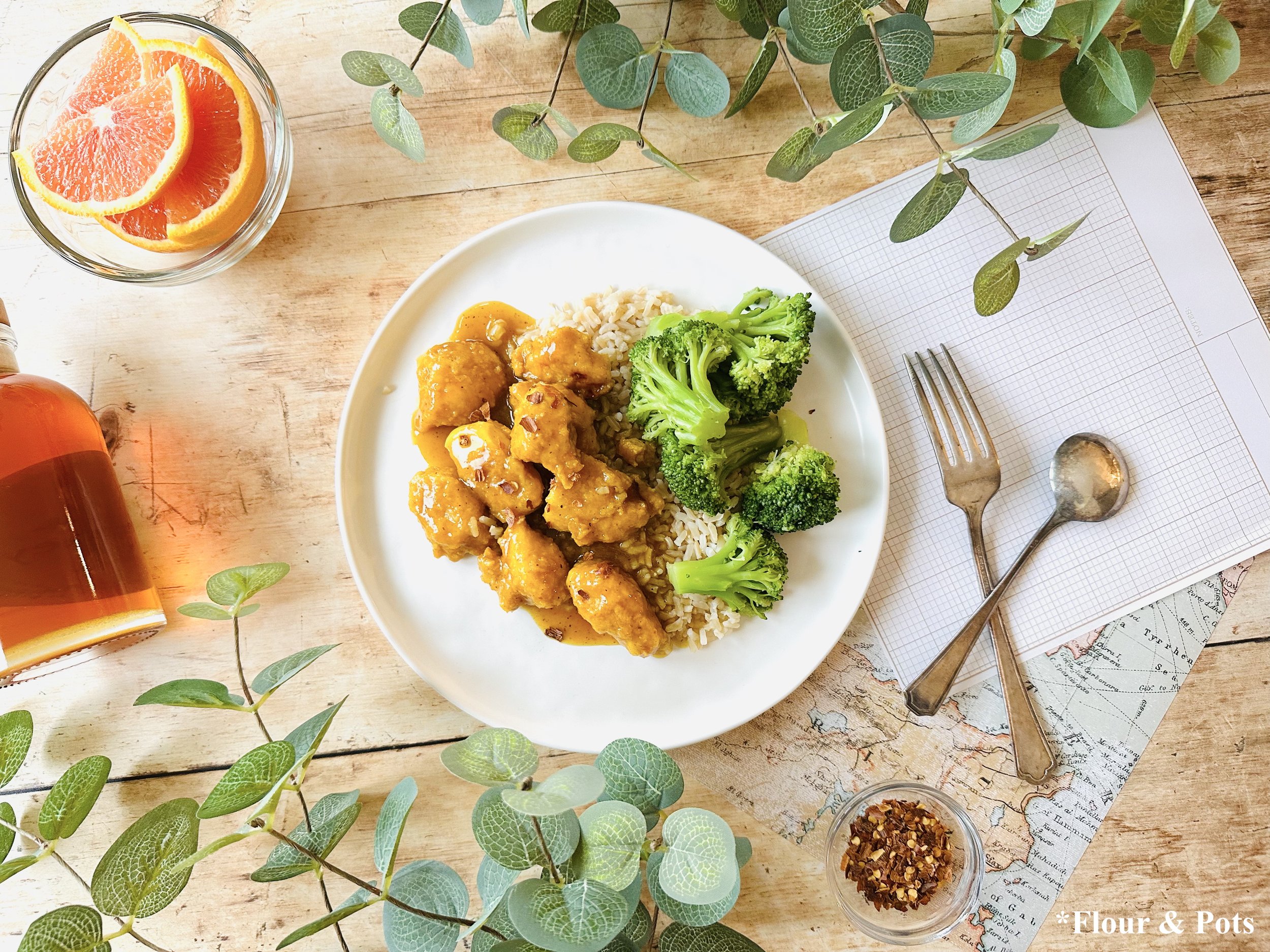 Baked Honey Orange Chicken with Brown Rice & Steamed Broccoli - Plated & Ready to Serve