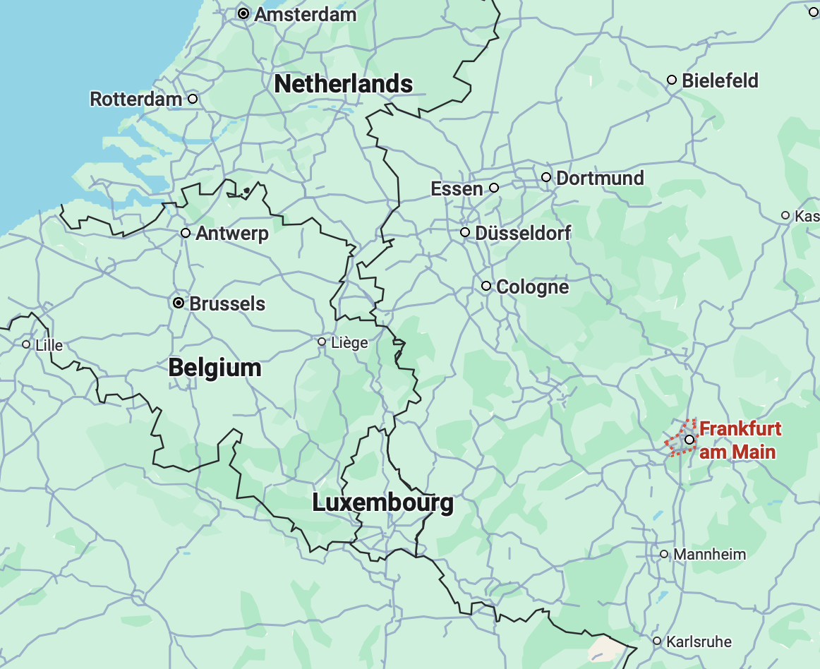 Map highlighting the location of Frankfurt, Germany, in the Hesse state, along the Main River, with nearby cities and landmarks shown.