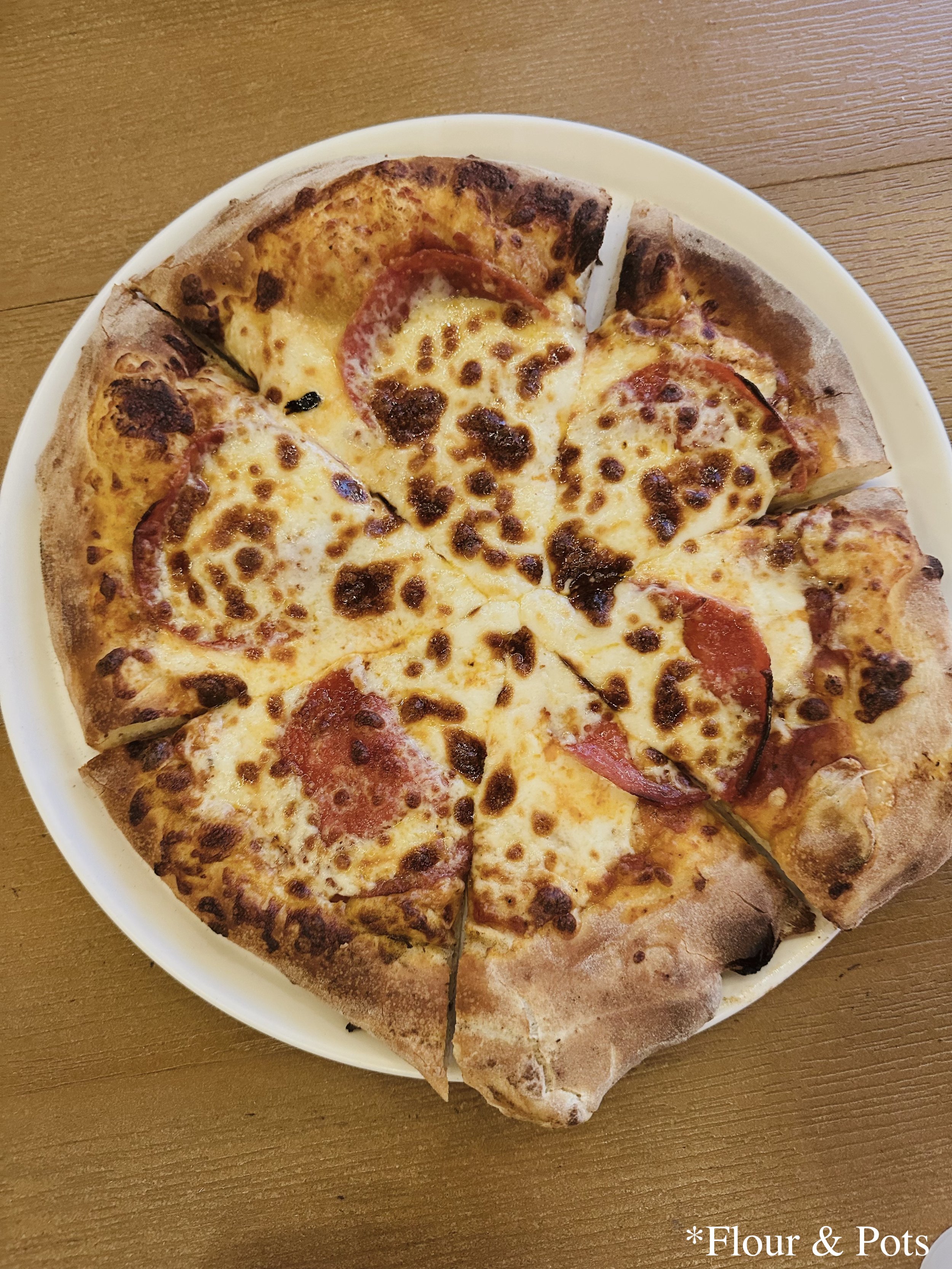 A hot, freshly baked cheese pizza from Red Oven Pizza at Universal Orlando CityWalk in Orlando, Florida, with a golden, bubbly crust and melted mozzarella, served on a round metal tray.