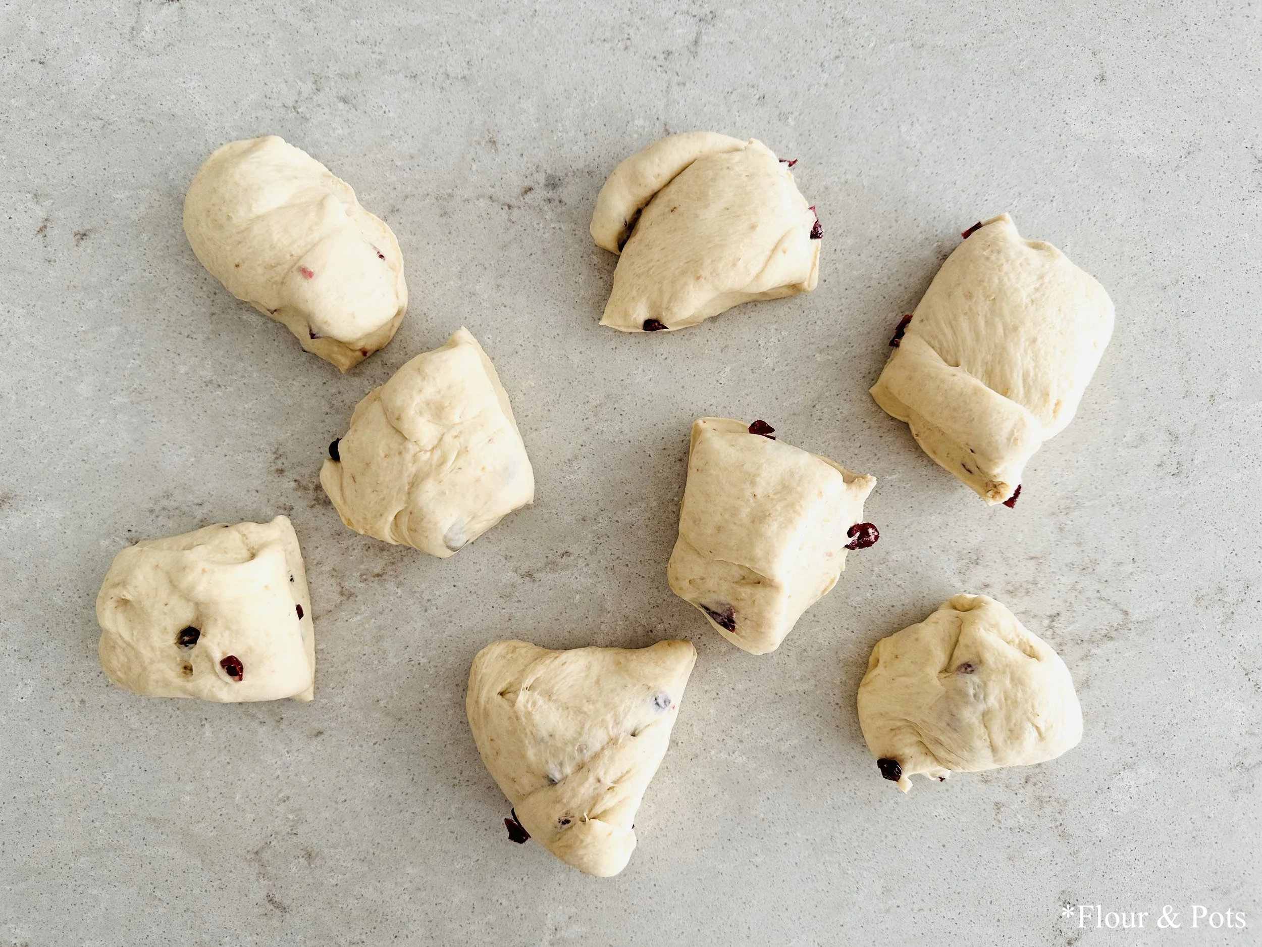 Eight Pieces of Cranberry Pretzel Buns Before Forming