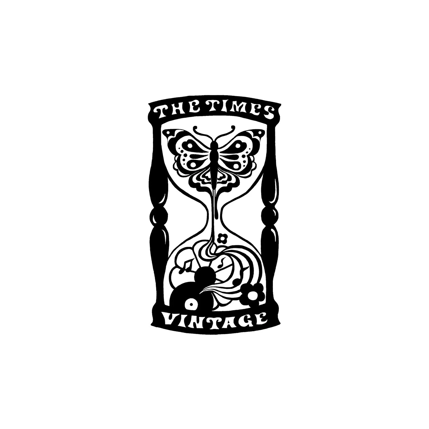 Black and white vintage-style logo with butterfly, flowers, and swirling lines, with the text 'The Times' at the top and 'Vintage' at the bottom.