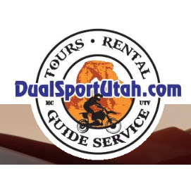 Logo for DualSportUtah.com featuring an orange off-road vehicle, a cyclist, and the words 'Tours,' 'Rental,' 'Guide Service' surrounding the image.