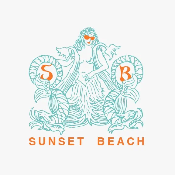Illustration of a woman with sunglasses sitting between two fish hooks, surrounded by the words S and B, with the text 'Sunset Beach' underneath.