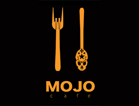 Logo for Mojo Cafe featuring a fork and a skull-shaped spoon in orange on a black background with the text 'MOJO cafe'
