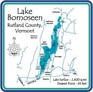 Map of Lake Bomoseen in Rutland County, Vermont, showing surrounding geographical features and nearby towns.