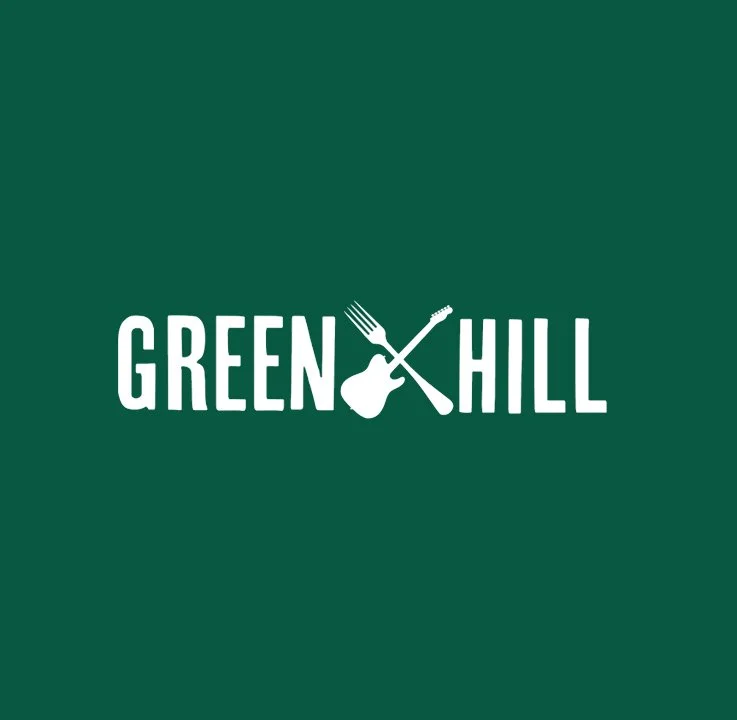 Green Hill logo with white text and icons of a fork, guitar, and a knife.
