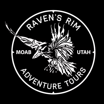 Logo for Raven's Rim Adventure Tours featuring a stylized raven with wings spread, surrounded by text 'Raven's Rim Adventure Tours' and locations MOAB and UTAH.