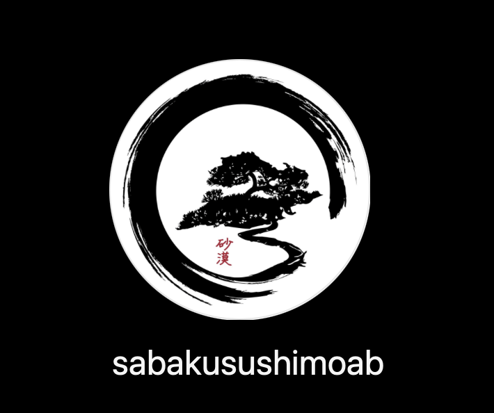 A black background with a white circular brush stroke, containing a silhouette of a tree and a winding river, and red Japanese characters underneath. Beneath the circle, the word 'sabakusushimoab' is written in white.
