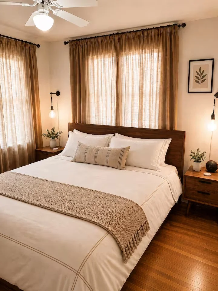 A bedroom with a bed, beige bedding, and pillows, flanked by two wooden nightstands, each with a hanging pendant light. There's a window with brown curtains to the left.