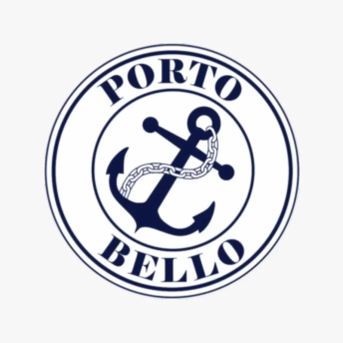 A circular logo with a navy blue anchor wrapped in a chain, surrounded by the words 'PORTO BELLO'.