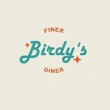 Logo for Birdy's Diner with the words 'Birdy's' in teal and 'Finer Diner' in orange, with small star accents.