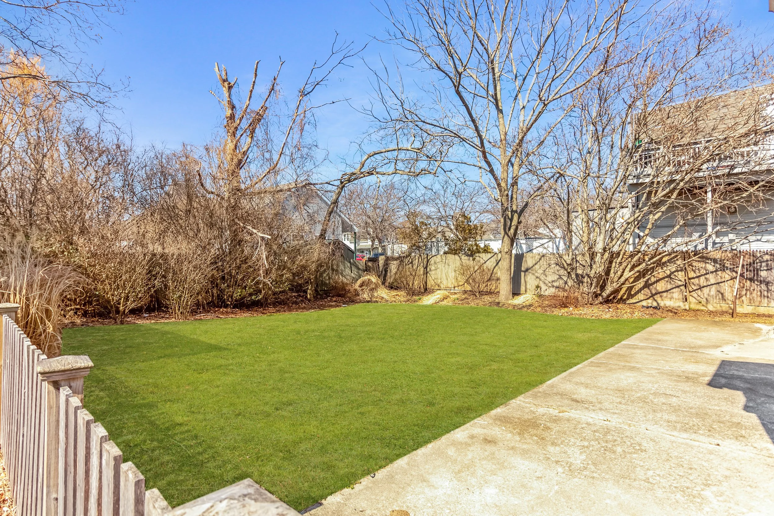 Backyard with a green lawn, leafless trees and bushes, a concrete patio, and a wooden fence under a clear blue sky.