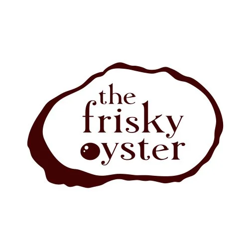 Logo for the Frisky Oyster restaurant with stylized text inside an irregular oval shape.
