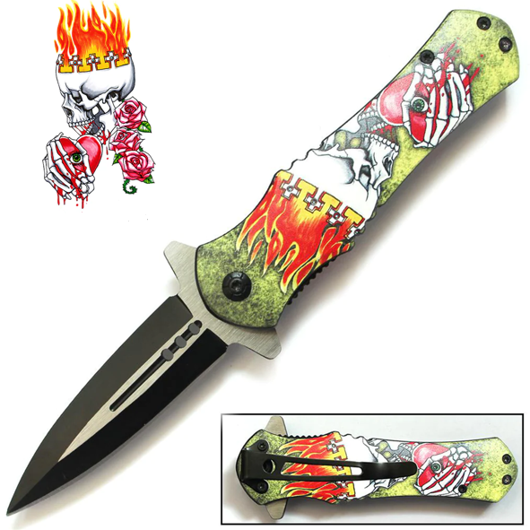 A folding pocket knife with a colorful design featuring flames, a skull with a crown, roses, and a stripe pattern, shown in both open and closed positions.