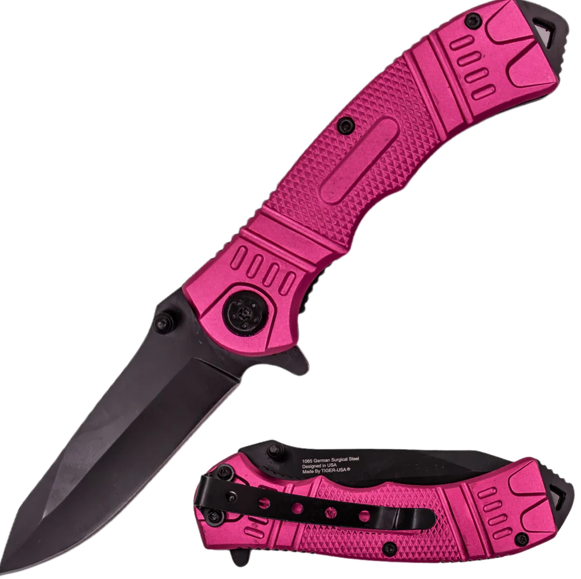 A black fixed-blade knife with a pink textured handle and a folding knife with a matching pink handle and black blade, both shown against a white background.