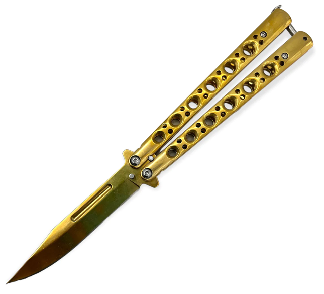 A gold-colored butterfly knife with an open blade and a perforated handle design.