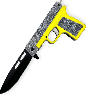 A knife with a yellow and silver gun-shaped handle with decorative patterns.
