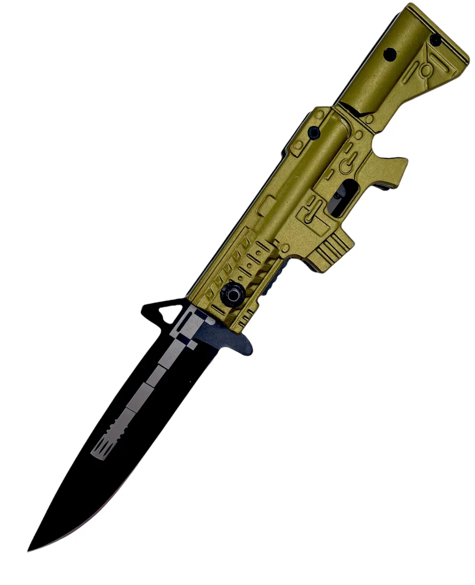 A firearm with a built-in knife extending from the barrel, featuring a tan-colored body and a black blade.