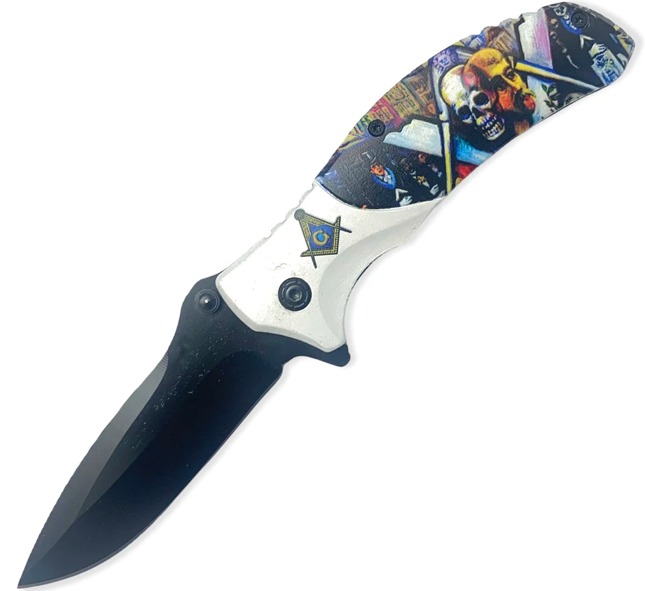 A folding pocket knife with a black blade and a handle decorated with colorful, skull-themed artwork.