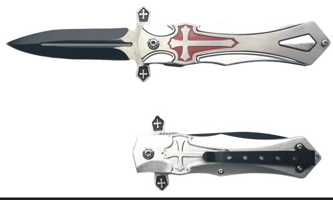 Two foldable knives with sword and cross designs, one open with a black blade and the other closed, featuring metal handles with cross motifs.
