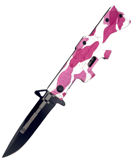A folding pocket knife with a pink and white camouflage handle and a black blade.