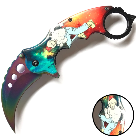 A rainbow-colored metal karambit knife with a graphic of a punk character with red hair and a mohawk, wearing a denim jacket, shown holding a bat.