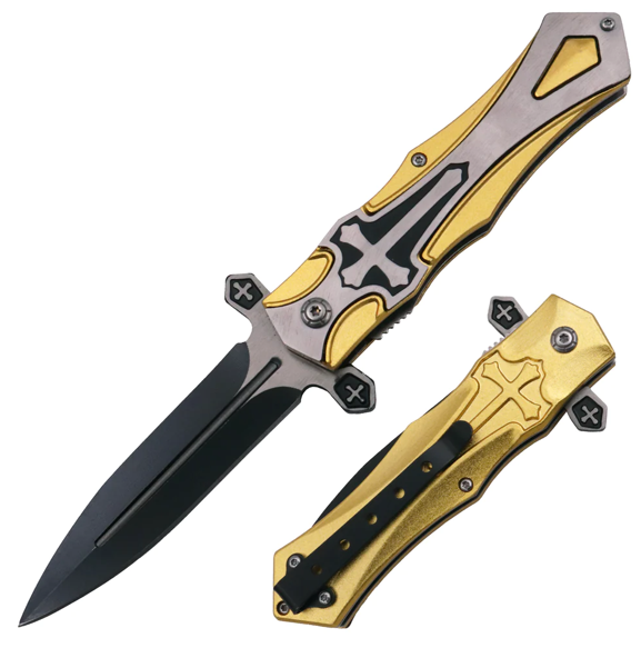A folding knife with a black blade and a gold and silver handle, shown in both open and closed positions.