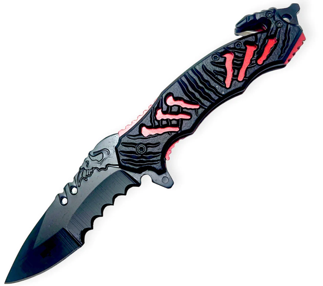 Black tactical folding knife with a skull design on the blade and red accents on the handle.