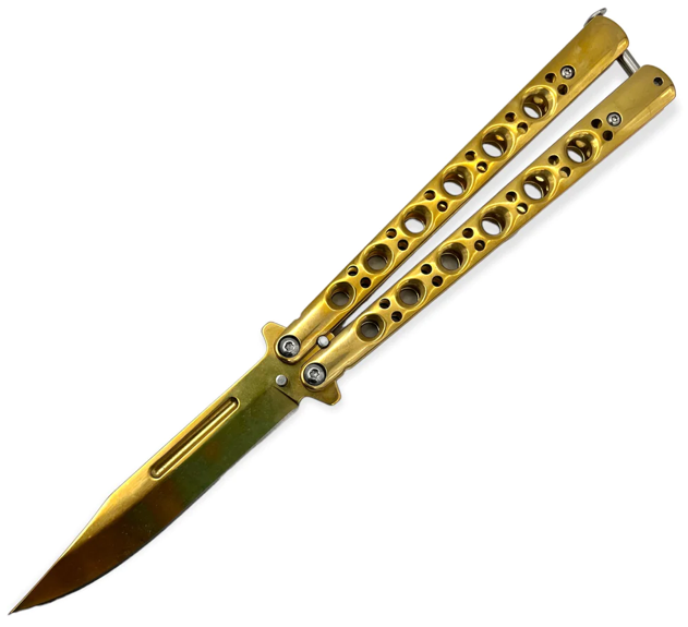 A butterfly knife with gold-colored handles and a partially exposed blade.