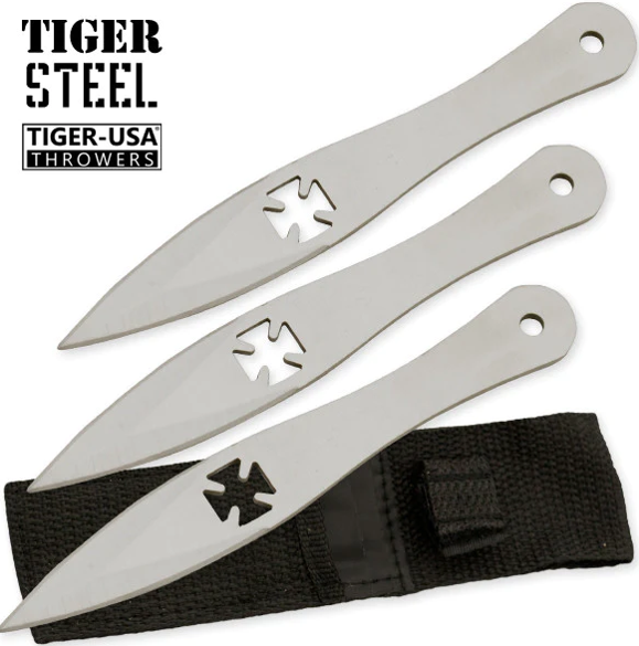 Three stainless steel throwing knives with round holes in handles, accompanied by a black nylon sheath.