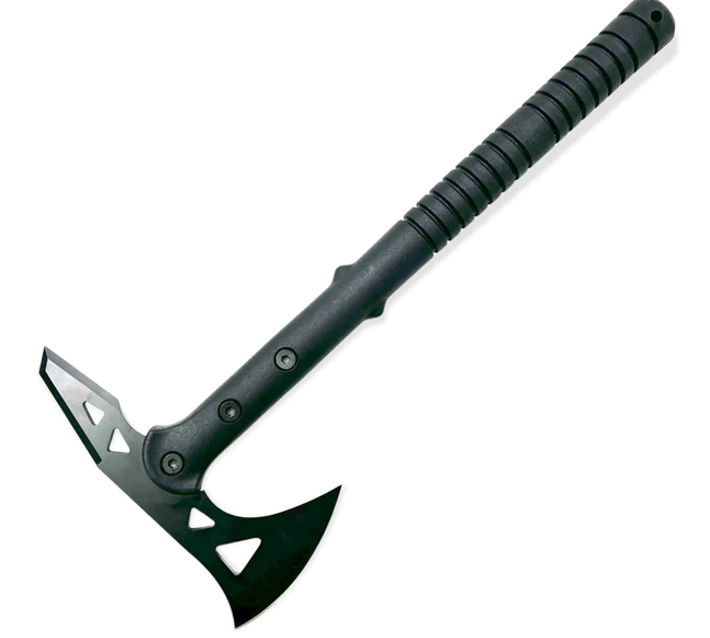 A tactical axe with a black handle and curved blade.